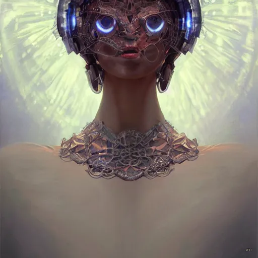 Image similar to portrait of a humanoid robot wearing a veil, mystic, mystical, robot body, intricate, headshot, highly detailed, digital painting, artstation, concept art, sharp focus, cinematic lighting, digital painting, art by artgerm and greg rutkowski, alphonse mucha, cgsociety