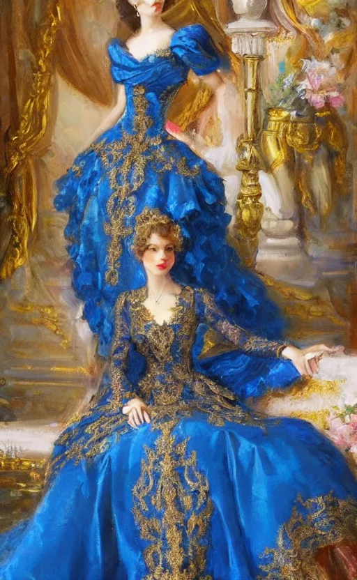 Image similar to Elegant laydy in blue baroque dress with gold ornaments. By Konstantin Razumov, highly detailded