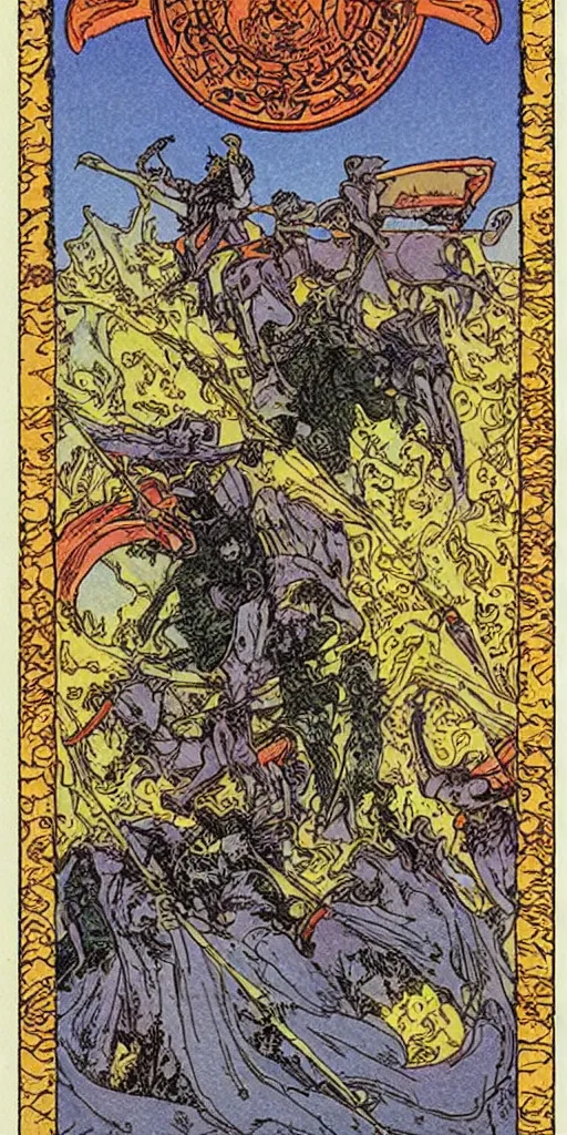 Prompt: the tarot card of the charriot painted by moebius.