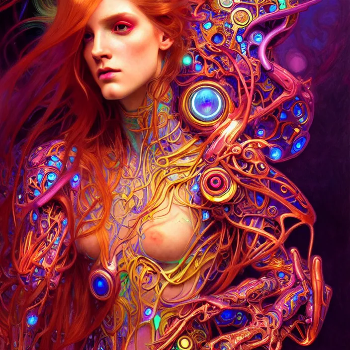 Image similar to bright psychedelic organic cyborg with glowing skin and long hair, diffuse lighting, fantasy, intricate, elegant, highly detailed, lifelike, photorealistic, digital painting, artstation, illustration, concept art, smooth, sharp focus, art by John Collier and Albert Aublet and Krenz Cushart and Artem Demura and Alphonse Mucha