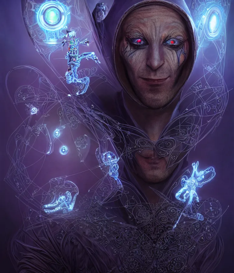 Image similar to front!!! shot of a court jester!!! character, hyperdimensional, bioluminescent hypercubes, dark holography!!!, future, chrome, (((intricate))), elegant, highly detailed, centered, (((artstation, concept art, smooth, sharp focus, artgerm, Tomasz Alen Kopera, Peter Mohrbacher, donato giancola, Joseph Christian Leyendecker, WLOP, Boris Vallejo))), ((raytracing)), mugshot!!!!!, ugly!!!!!!, octane render, nvidia raytracing demo, octane render, nvidia raytracing demo, octane render, nvidia raytracing demo, grainy, muted, 8K, digitalblasphemy, metatron