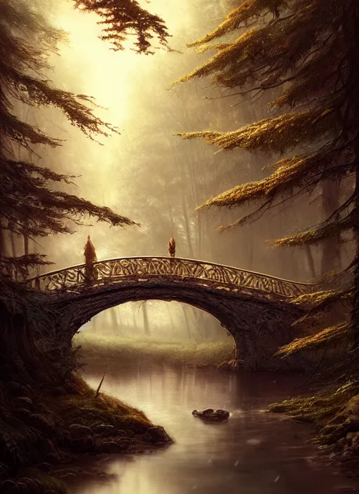 Prompt: old bridge, fantasy forest landscape, fantasy magic, light night, intricate, elegant, sharp focus, illustration, highly detailed, digital painting, concept art, matte, art by wlop and artgerm and ivan shishkin and andrey shishkin, masterpiece