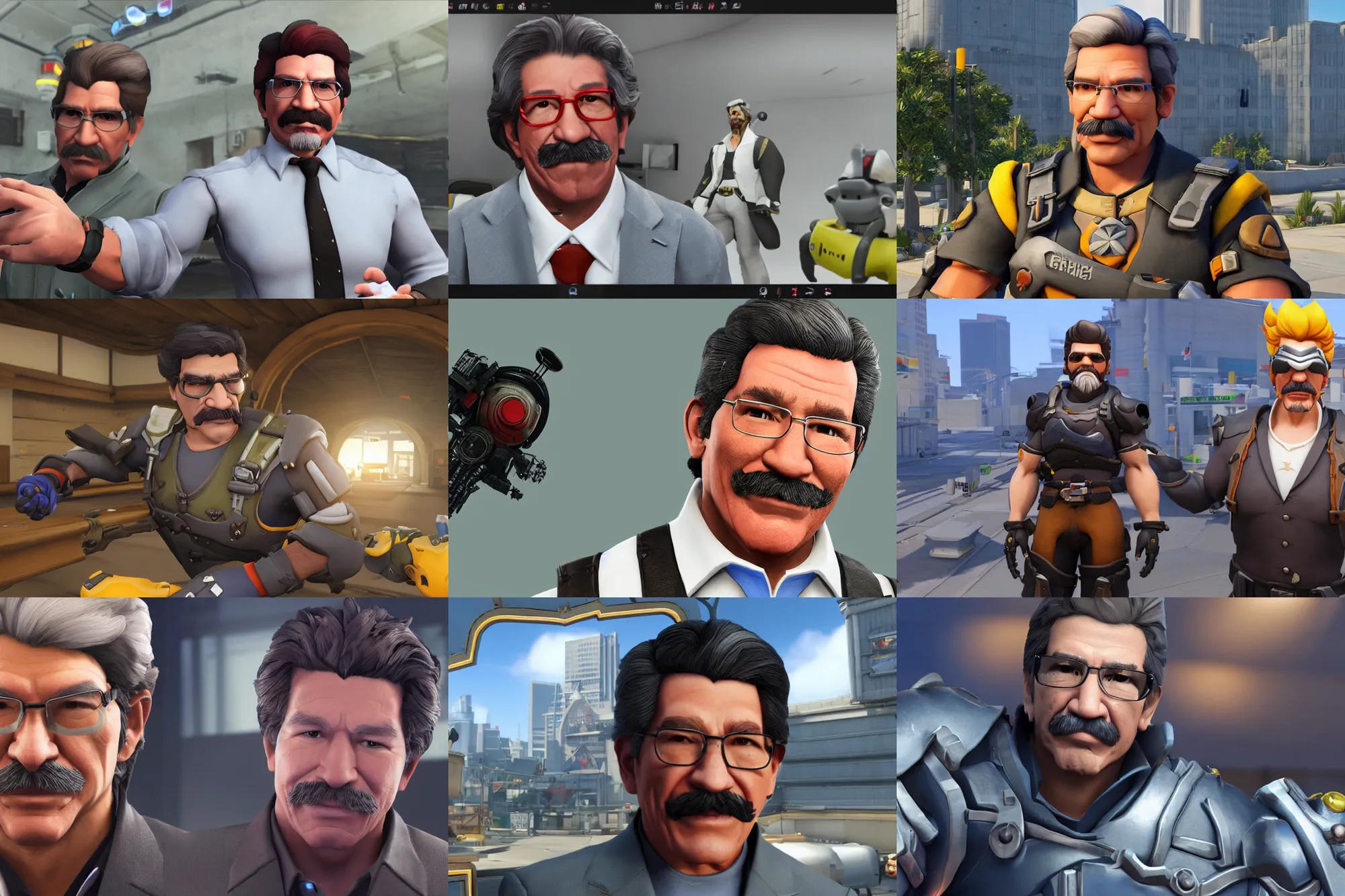 Prompt: a promotional gameplay screenshot of geraldo rivera in the video game overwatch. 3 d rendering. very detailed