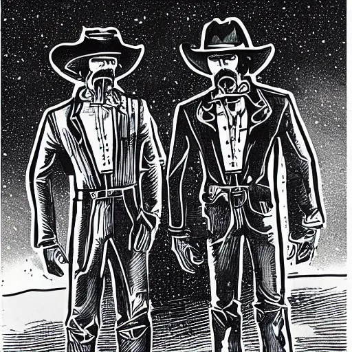 Image similar to hand drawn image of wyatt earp and doc holliday standing on the deck of a futuristic spacecraft with gears and unknown alien hydro technology, inspired by the movie interstellar, high detail, ultra realistic