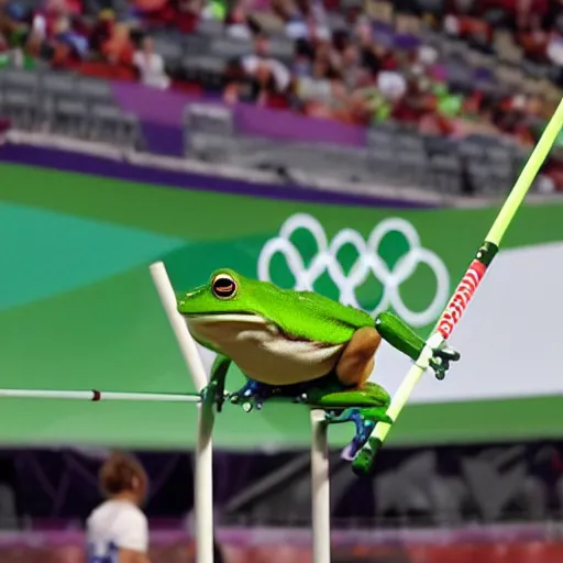 Prompt: Frog pole vaulting at the Olympics