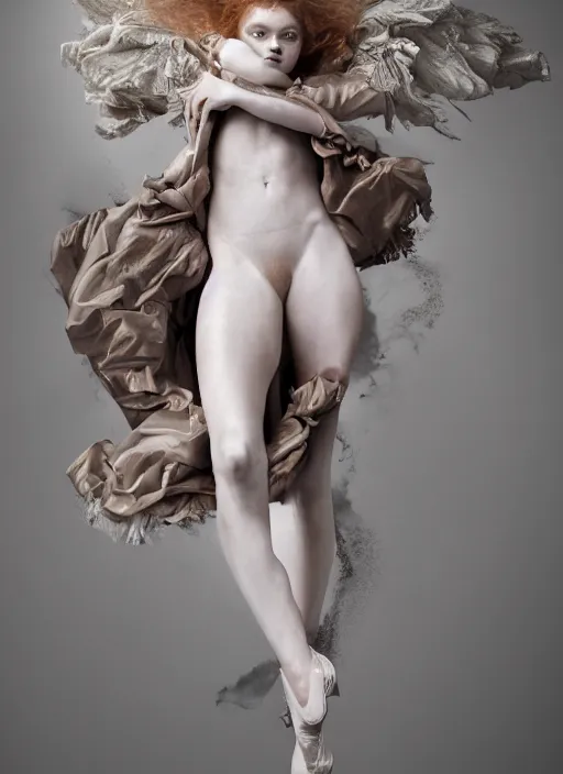 Image similar to sadie sink expressive full body photo of an angels dancing, glamour shot, by jenny saville, by stefan gesell, photorealistic, canon r 3, fashion photography, hyper maximalist, elegant, ornate, luxury, elite, environmental portrait, symmetrical features, octane render, unreal engine, solid dark grey background, dramatic lights