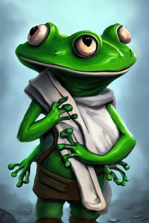 Image similar to cute anthropomorphic frog wearing a white butcher coat with a white butcher hat and holding a cleaver knife ,tiny, small, miniature frog, baby animal, short, pale blue armor, cute and adorable, pretty, beautiful, DnD character art portrait, matte fantasy painting, cgsociety Artstation, by Jason Felix by Steve Argyle by Tyler Jacobson by Peter Mohrbacher, cinematic lighting