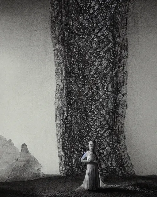 Image similar to a woman standing at the mouth of a cave, made of intricate decorative lace leaf skeleton, in the style of the dutch masters and gregory crewdson, dark and moody