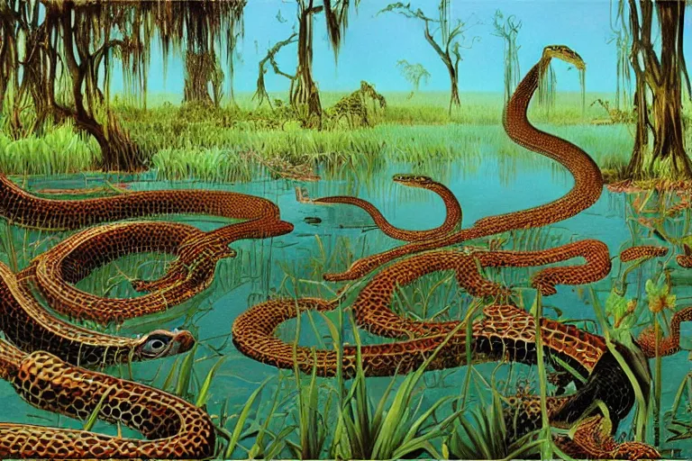 Prompt: Snake oil salesman searching the swamps of Formosa for the elusive water snake, painting by Roger Dean, painting by Naomi Okubo