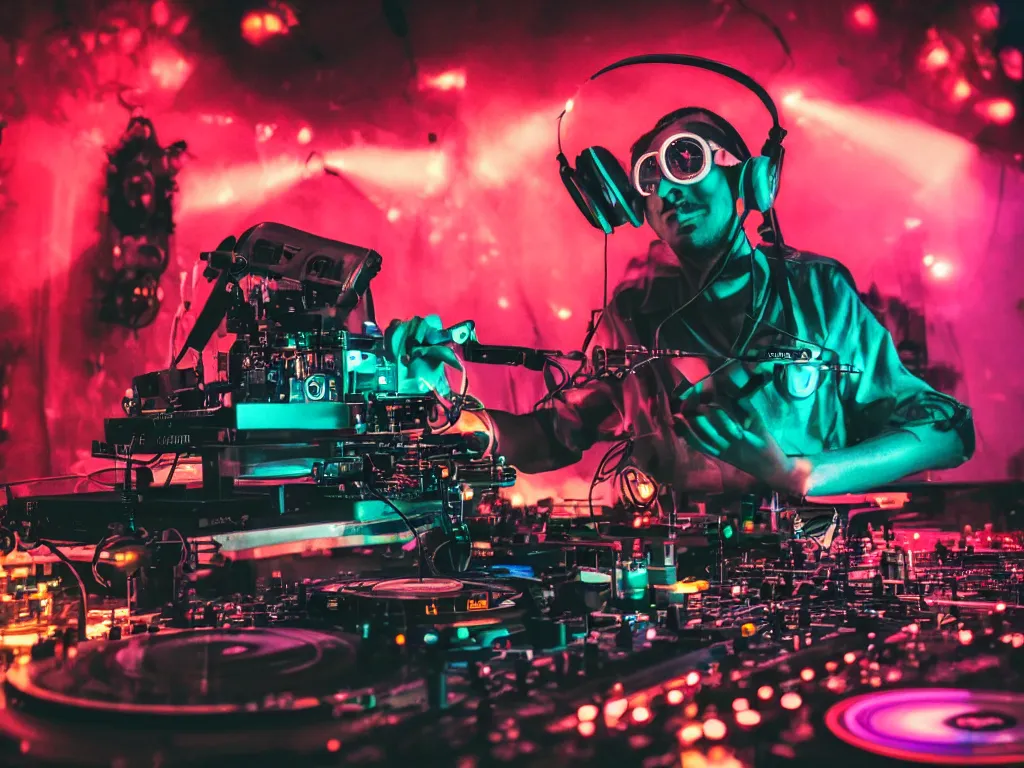 Image similar to a person wearing goggles and visor and headphones using a retro record player contraption, wires and tubes, turntablism dj scratching, intricate planetary gears, cinematic, imax, sharp focus, leds, bokeh, iridescent, black light, fog machine, hazy, lasers, hyper color digital art