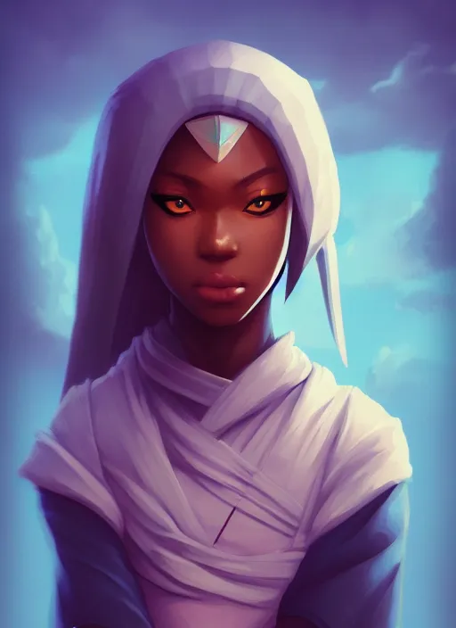 Prompt: attractive female portrait of african ninja, cloud background, rul of thirds, uplight, intricate, symmetrical!!, anime, prism highlights, depth of field, cinematic, filmic, vsco, concept art, artstation, digital painting, elegant, epic, focus