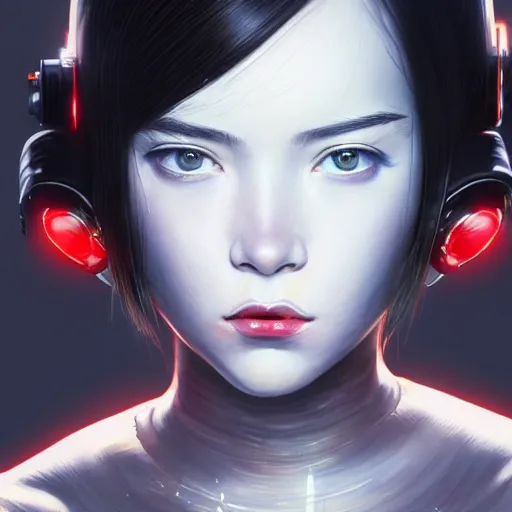 Image similar to A cyborg girl with big and cute eyes, fine-face, realistic shaded perfect face, fine details. red, black and white robotic parts. realistic shaded lighting poster by Ilya Kuvshinov katsuhiro otomo ghost-in-the-shell, magali villeneuve, artgerm, Jeremy Lipkin and Michael Garmash, Rob Rey and Kentarõ Miura style, trending on art station