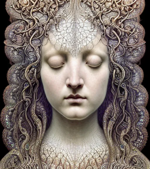 Image similar to detailed realistic beautiful crystal goddess face portrait by jean delville, gustave dore, iris van herpen and marco mazzoni, art forms of nature by ernst haeckel, art nouveau, symbolist, visionary, gothic, neo - gothic, pre - raphaelite, fractal lace, intricate alien botanicals, biodiversity, surreality, hyperdetailed ultrasharp octane render
