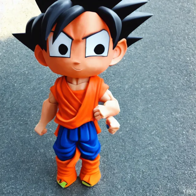 Image similar to goku chibi cute made of clay, full body, hyper detailed, 3 5 mm, f 1. 2, city background, bokeh