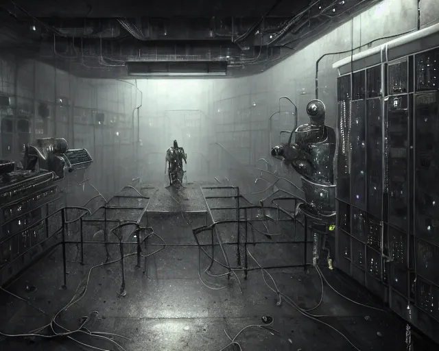 Image similar to gloomy ruined server room in datacenter robot automata rusty steel robot knight colossus welder pacing fixing soldering mono sharp focus, emitting diodes, smoke, artillery, sparks, racks, system unit, motherboard, by pascal blanche rutkowski repin artstation hyperrealism painting concept art of detailed character design matte painting, 4 k resolution blade runner
