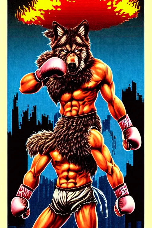 Image similar to extreme long shot. 8 bit nes graphics. antropomorphic muscular masculine wolf. kickboxer fighter, in shorts. wolf head. angry. fine details, very sharp, art from nes game cartridge, 8 0's, vhs artefacts, vaporwave style, marc simonetti and hermann nitsch and anish kapoor.