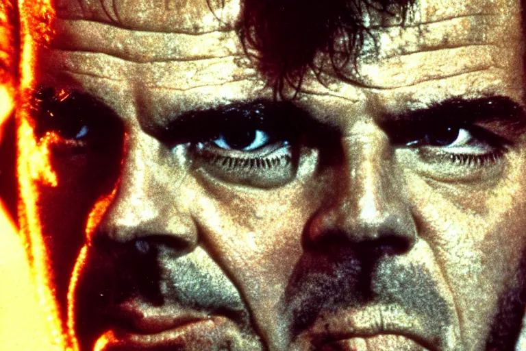 Image similar to 32 year old Jack Nicholson on blade runner 1982, movie still, face close-up, in color, detailed face, symmetrical face, 4k,