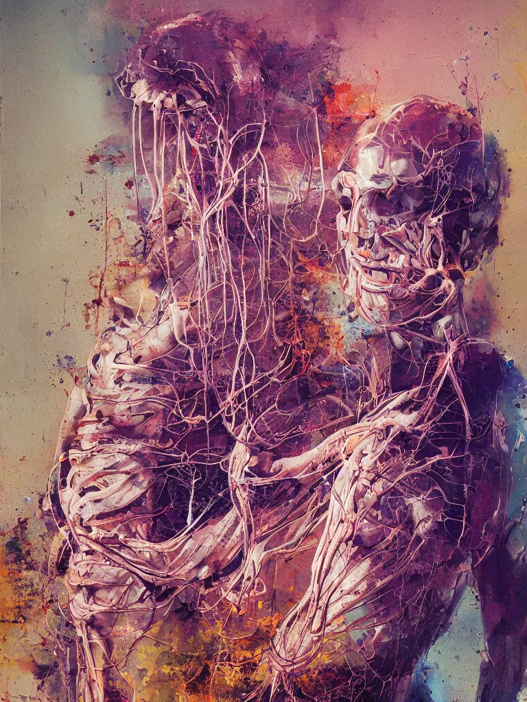 Image similar to a beautiful glitched painting by robert proch of an anatomy study of the human nervous system, color bleeding, pixel sorting, copper oxide and rust materials, brushstrokes by jeremy mann, cold top lighting, pastel purple background