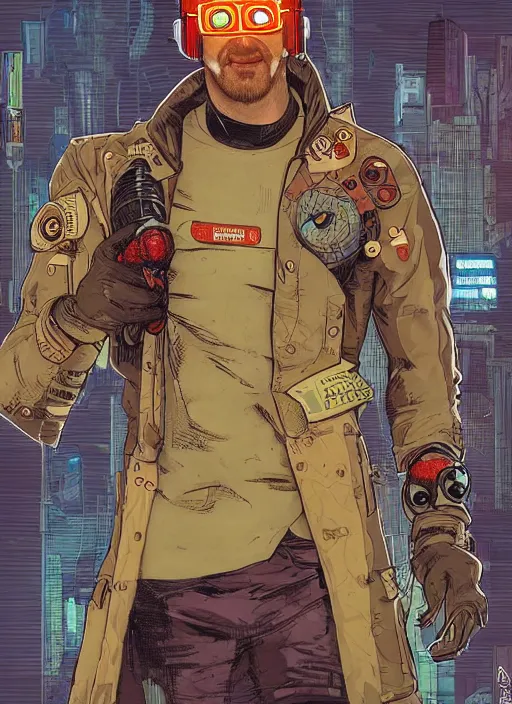 Prompt: cyberpunk hot dog salesman. portrait by ashley wood and alphonse mucha and laurie greasley and josan gonzalez and james gurney. splinter cell, apex legends, rb 6 s, hl 2, d & d, cyberpunk 2 0 7 7. realistic face. character clothing. vivid color. dystopian setting.