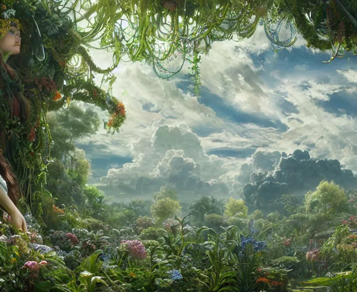 Image similar to transparent clear see - through image of twisting clouds, lush botany, floral environment, ultra realistic, concept art, art nouveau, photorealistic, octane render, 8 k, unreal engine. art by gustave dore and nori inoguchi and sam kaplan and zachary goulko and christopher marley and artgerm and alphonse mucha