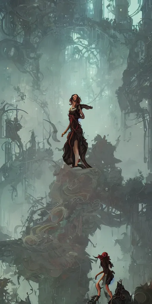 Image similar to a detailed concept art of a woman against the background of an overgrown city , artstation, by Peter Mohrbacher, Art Nouveau, sophisticated, Unreal engine, intricate