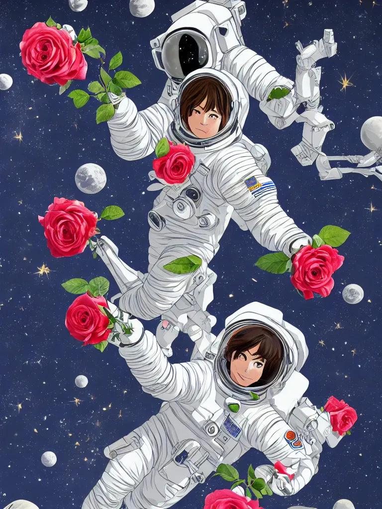 Prompt: a astronaut holding roses in the universe, dream, ultra hd, highly detailed by shinkai makoto