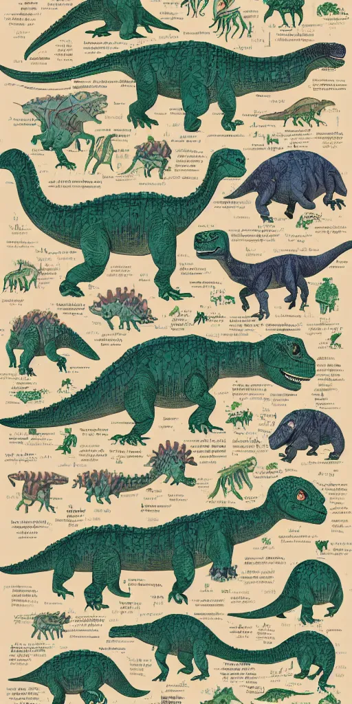 Image similar to anatomy of a dinosaur, diagrams, map, marginalia, sketchbook, old script, inhabited initials, pastel infographic by Wes Anderson and victo ngai