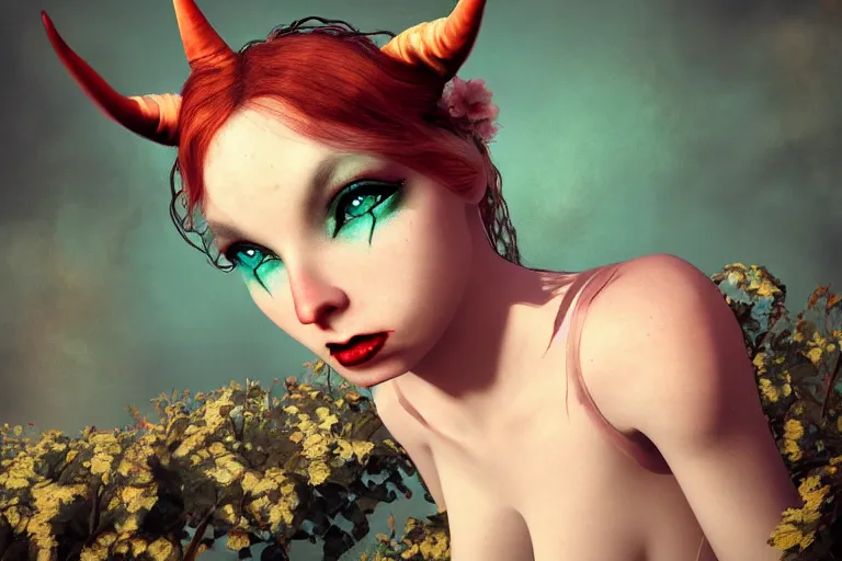 Image similar to pretty demon girl with horns photograph in the style of ray caesar, colorful, realistic, 8 k,