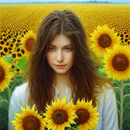 Prompt: a girl slowly walking through amazing tall sunflower field, hair flowing, early morning lighting, elegant, subtle, intricate details, face!, real masterpiece, oil on canvas, by karol bak, ayami kojima, artgerm, smile, concept art, fantasy