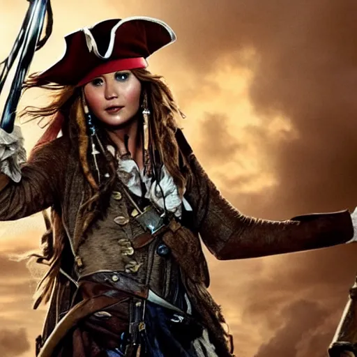 Prompt: still of Jennifer Lawrence as Captain Sparrow in Pirates of the Caribbean remake 2029