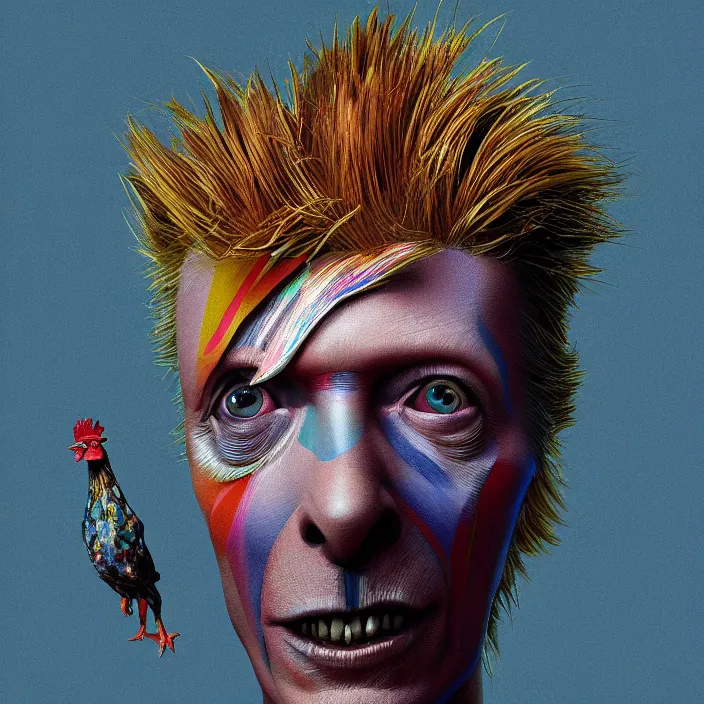 Image similar to portrait of David Bowie as a chicken in Chicken Run. intricate abstract. intricate artwork. by Tooth Wu, wlop, beeple, dan mumford. octane render, trending on artstation, greg rutkowski very coherent symmetrical artwork. cinematic, hyper realism, high detail, octane render, 8k, iridescent accents