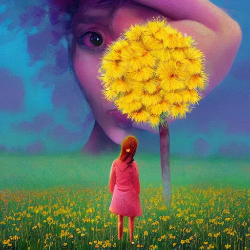 Image similar to girl with dandelion as a face, surreal photography, dream, standing in flower field, hills, big trees, sunrise dramatic light, impressionist painting, colorful clouds, digital painting, pointillism, artstation, simon stalenhag