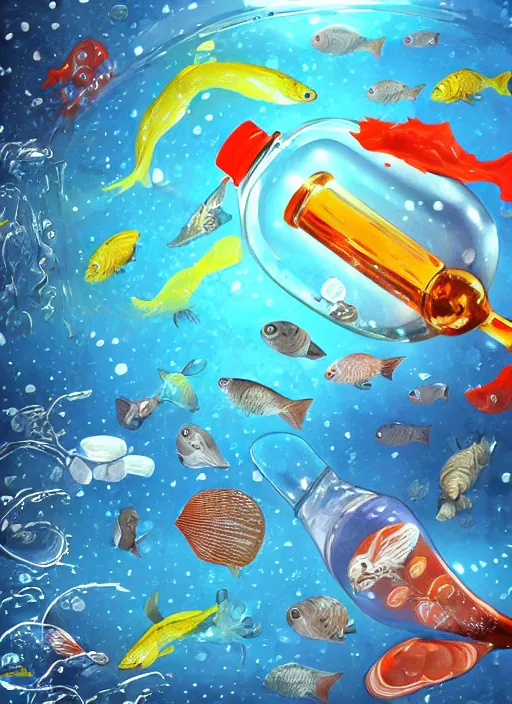 Image similar to the space closed in a bottle of water filled with fishes, trending on art station, very detailed, detailed background