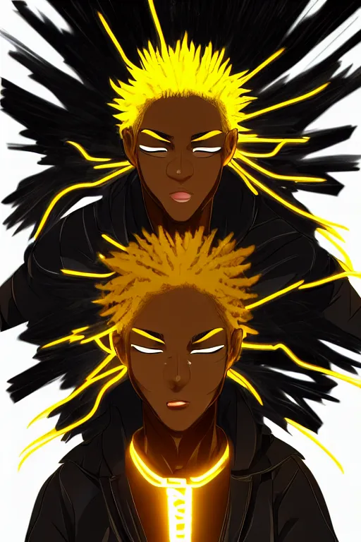 Image similar to glowing black male anime character, golden hair, yellow eyes, symmetrical, highly detailed, digital art, sharp focus, trending on art station, crazy hair, electricity everywhere, anime art style
