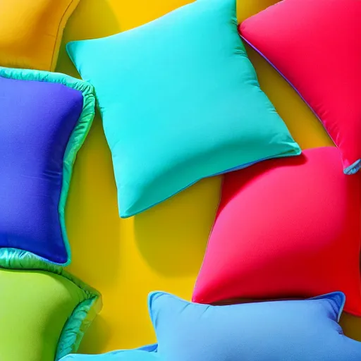 Prompt: Photograph of comfortable memory foam pillows designed by children, fun design, bright print, 8K HD, product shot