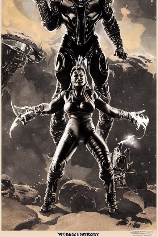 Image similar to full body portrait of rich piana as armoured demon standing beside elegant space woman in latex spacesuit, by norman rockwell, jack kirby, jon berkey, earle bergey, craig mullins, ruan jia, jeremy mann, tom lovell, marvel, astounding stories, 5 0 s pulp illustration, scifi, fantasy, artstation creature concept