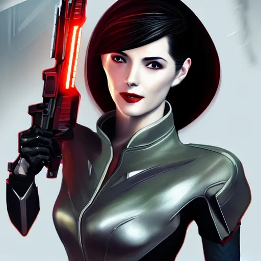 Image similar to A combination of Ada Wong's and Grace Kelly's and Ashley Greene's appearances wearing Interceptor's armor from Anthem, high tech, action shot, angular, full body portrait, futuristic, dramatic, fantasy, intricate, elegant, highly detailed, digital painting, artstation, concept art, matte, sharp focus, illustration, 8K, art by Donato Giancola and James Gurney