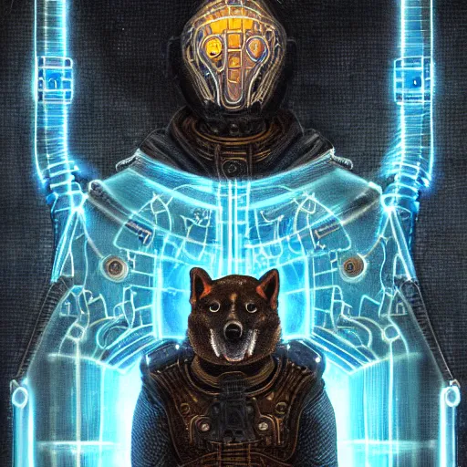 Image similar to medieval paladin knight armor anthropomorphic shiba inu scifi kirlian photography electric field glowing, cyberpunk, portrait art by donato giancola and greg rutkowski, realistic face, kirlian field, glowing in tesla electricity visible magnetic field, digital art, trending on artstation, symmetry