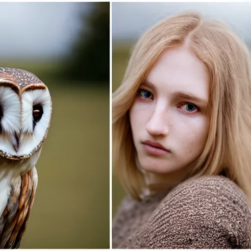 Image similar to symmetry!! portrait photograph shot on petzval lens of an extremely pretty!!! young blonde female with symmetric face. with a very detailed barn owl!!!!! on her shoulder. in iceland. out of focus. shallow depth of field. featured on flickr, art photography,