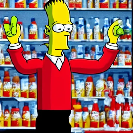 Image similar to mr. burns with arms up in the air holding ketchup bottles that are spraying ketchup like fireworks, simpsons, cartoon