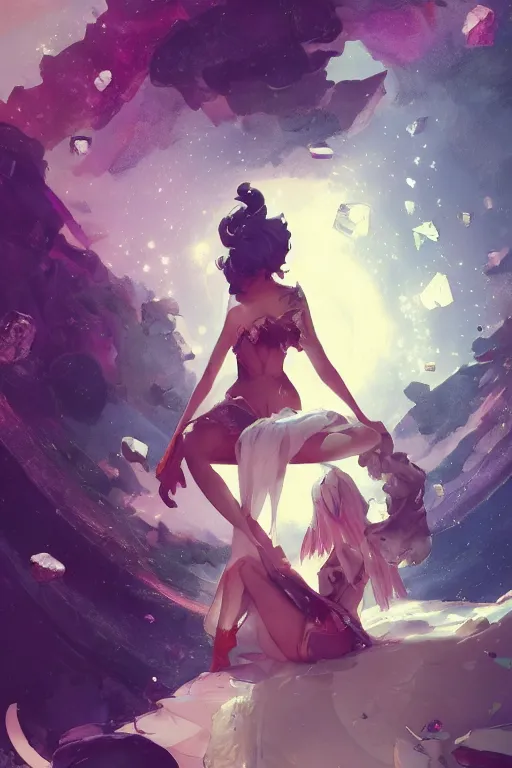 Prompt: A beautiful whimsical woman sitting on a bed of crystals below planets, cinematic lighting, dramatic atmosphere, by Dustin Nguyen, Akihiko Yoshida, Greg Tocchini, Greg Rutkowski, Cliff Chiang, 4k resolution, trending on artstation