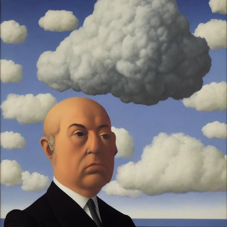 Image similar to portrait of a cloud faced man, by rene magritte, centered, detailed painting, hd, hq, high resolution, high detail, 4 k, 8 k