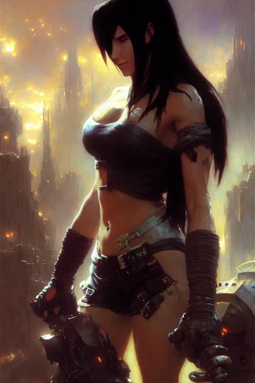 Prompt: tifa lockhart fighting the doom marine, portrait dnd, painting by gaston bussiere, craig mullins, greg rutkowski, yoji shinkawa