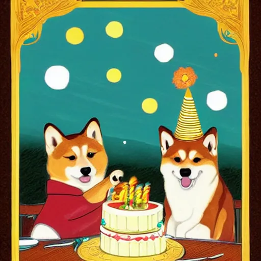 Image similar to expensive birthday card with happy shiba inu dogs eating birthday cake, Nintendo game art, Hayao Miyazaki, intricate detail, illustration, beautiful lighting,