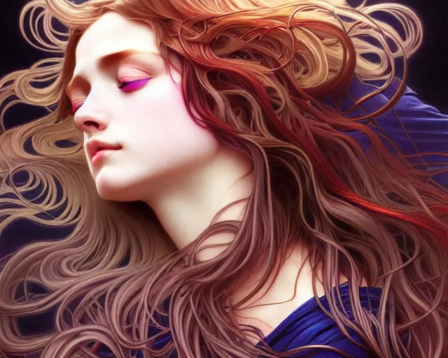 Image similar to overlord, psychedelic flowing hair, close eyes, portrait, highly detailed, deep focus, elegant, digital painting, smooth, sharp focus, illustration, ultra realistic, 8 k, art by artgerm and alphonse mucha and edgar maxence