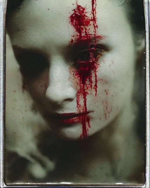 Image similar to an instant photo of a beautiful but sinister ghost in layers of fear, with violence in his eyes, 1 9 7 0 s, seventies, woodlands, delicate embellishments, a little blood, crimson, painterly, offset printing technique, mary jane ansell