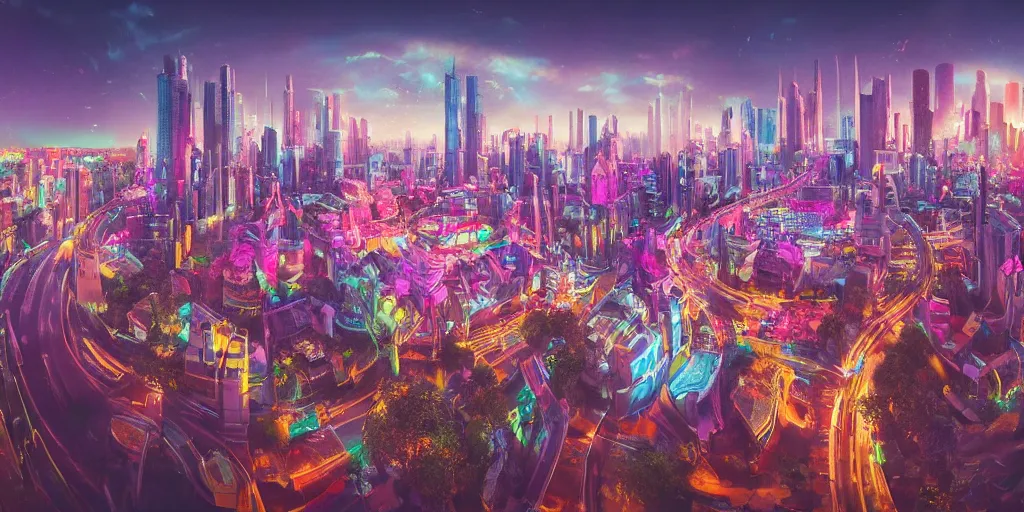 Image similar to Bustling vivid utopian city reimagined by Max Hay, fisheye lens!!!, 100mm photography, trending on artstation, 4k, 8k, lens distortion, chromatic aberration, soft focus blur, photorealistic imagery, photorealistic details, intricate, highly detailed