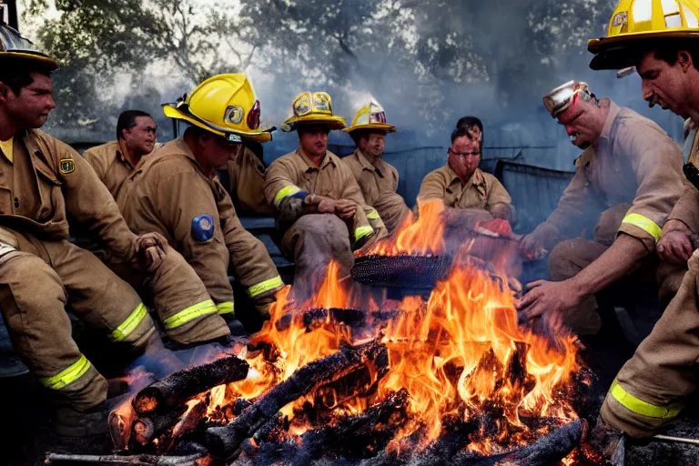 Image similar to closeup potrait firefighters having a barbecue in front of a house fire, natural light, sharp, detailed face, magazine, press, photo, Steve McCurry, David Lazar, Canon, Nikon, focus