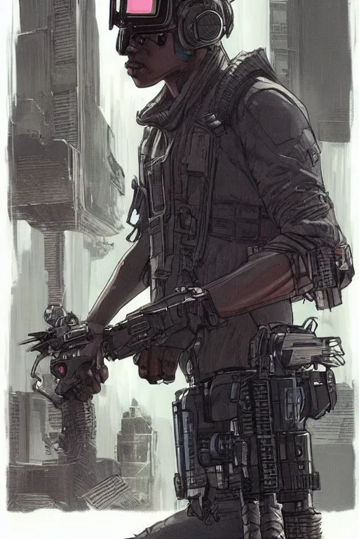 Prompt: chidi the ghost. blackops mercenary in near future tactical gear and cyberpunk headset. Blade Runner 2049. concept art by James Gurney and Mœbius.