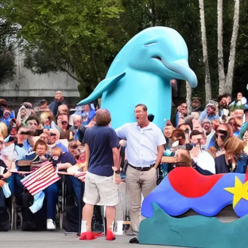 Image similar to a politician with a dolphin head talking to a crowd of Americans